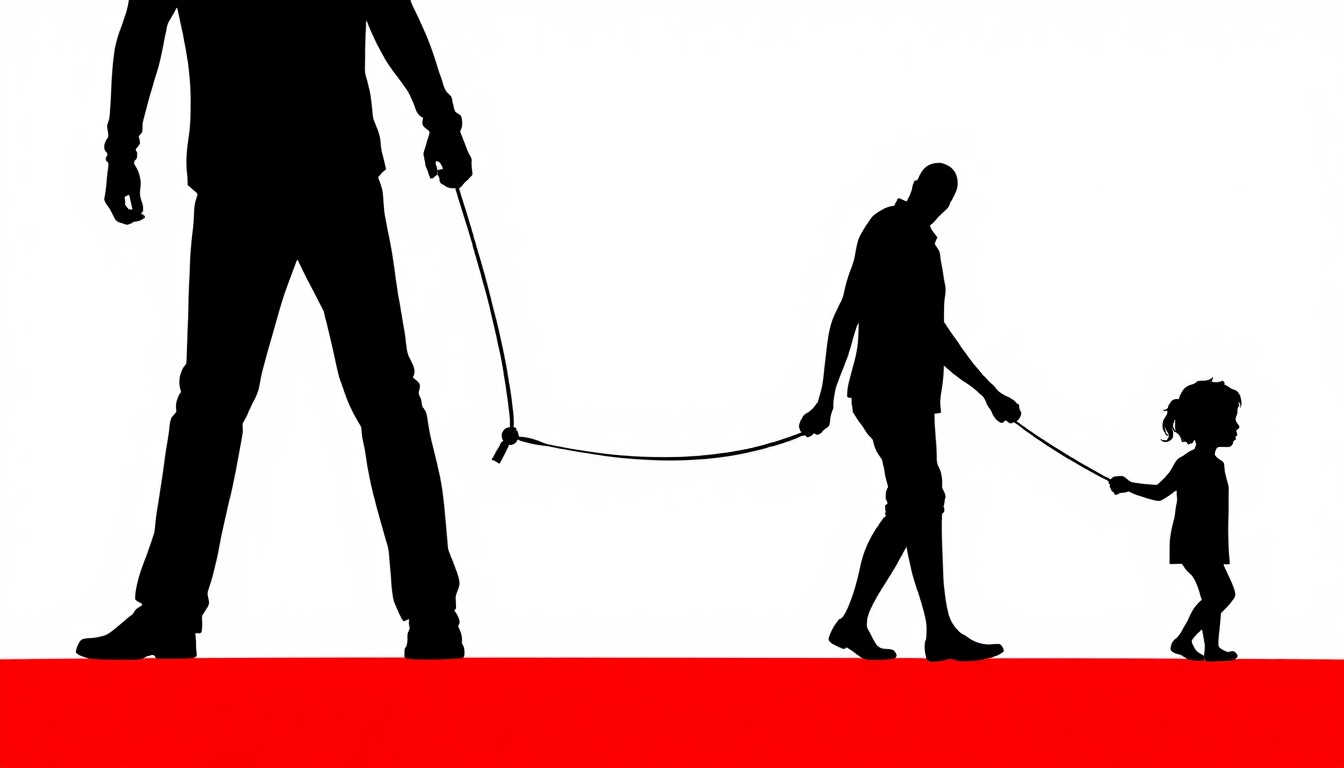 A minimalist, graphic illustration depicting the silhouettes of a parent and two children connected by a simple leash line, conveying the concept of parental supervision and safety concerns.