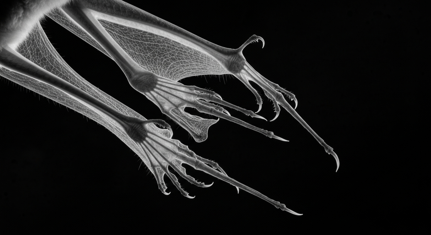 A highly detailed, translucent X-ray photograph showing the skeletal structure of a bat, with the delicate bones and wing structure visible as glowing lines against a dark background, conceptually illustrating the health concerns surrounding rabies-infected bats.