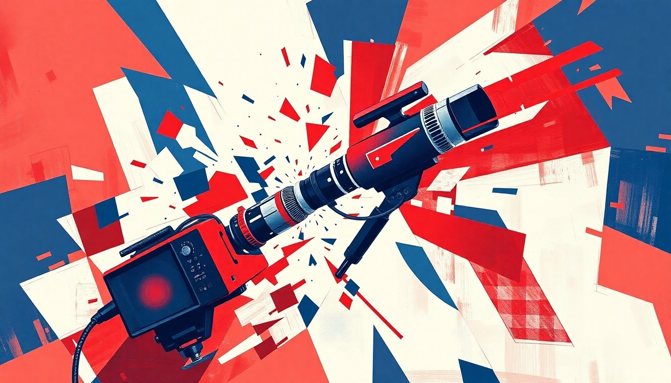 A dynamic, fragmented painting in red, white, and blue hues depicting a microphone and camera in motion, conceptually representing the turbulent relationship between the media and the former president.