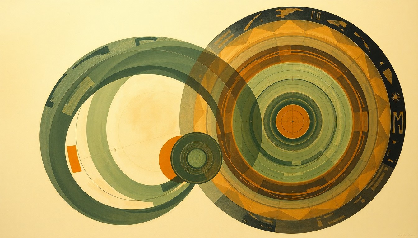 A bold, geometric abstract painting in earthy tones, with sweeping arcs, concentric circles, and precise spirals, conceptually visualizing the complex structural imbalance of the mountain lion population in the region.