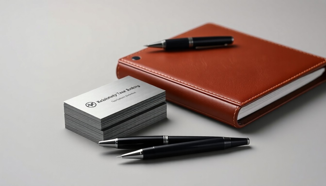 A minimalist studio still life photograph featuring a stack of polished metal business cards, a sleek fountain pen, and a leather-bound ledger book arranged elegantly on a clean, monochromatic grey background, symbolizing the professional, relationship-driven banking services that Texas Gulf Bank provides.