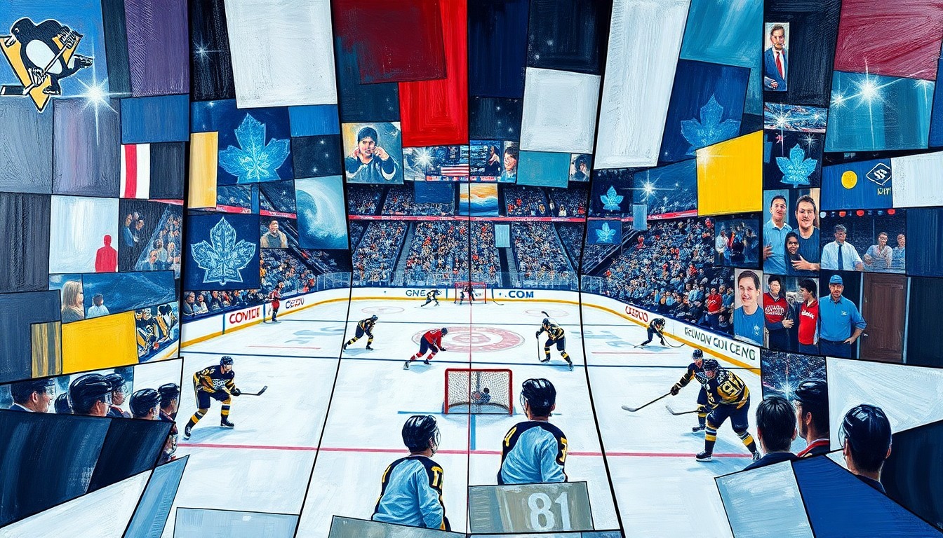 A fractured, geometric painting depicting the action of a hockey game, with the players and puck broken down into sharp, overlapping planes of color, conceptually representing the complex negotiations and potential trade between the Maple Leafs and Penguins.