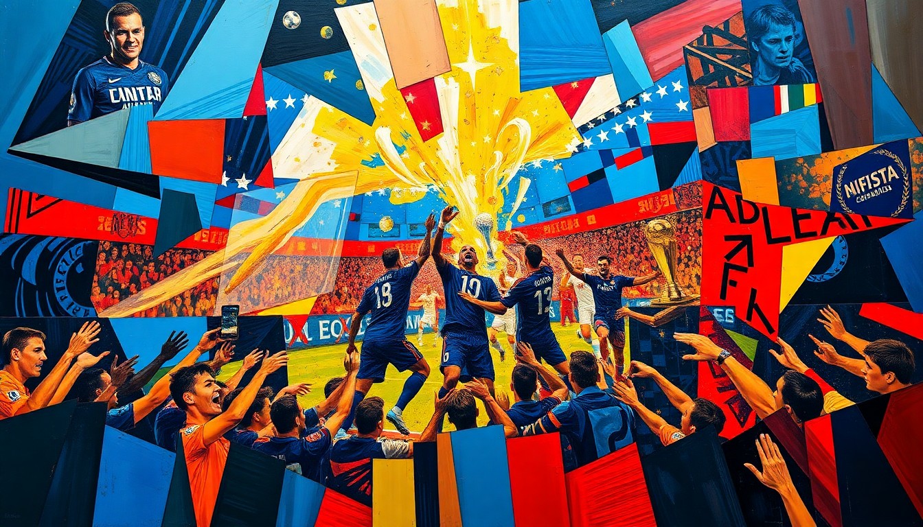 A cubist, geometric painting in shades of blue, red, and yellow, depicting the dynamic energy and celebration of a soccer match or championship victory.