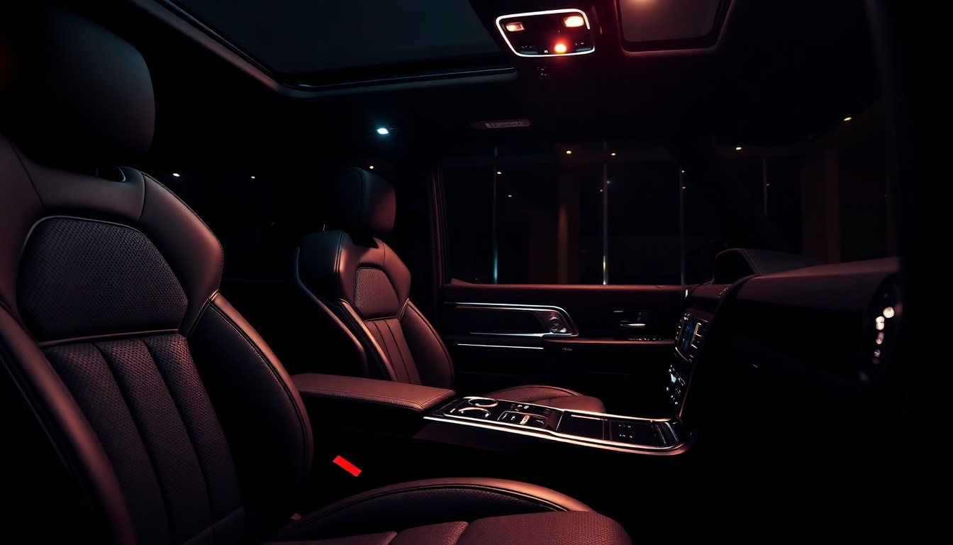 An extreme close-up photograph of the plush leather interior and shiny chrome accents of a luxury Mercedes G-Wagon, capturing the glamour and high-end aesthetic of celebrity transportation.
