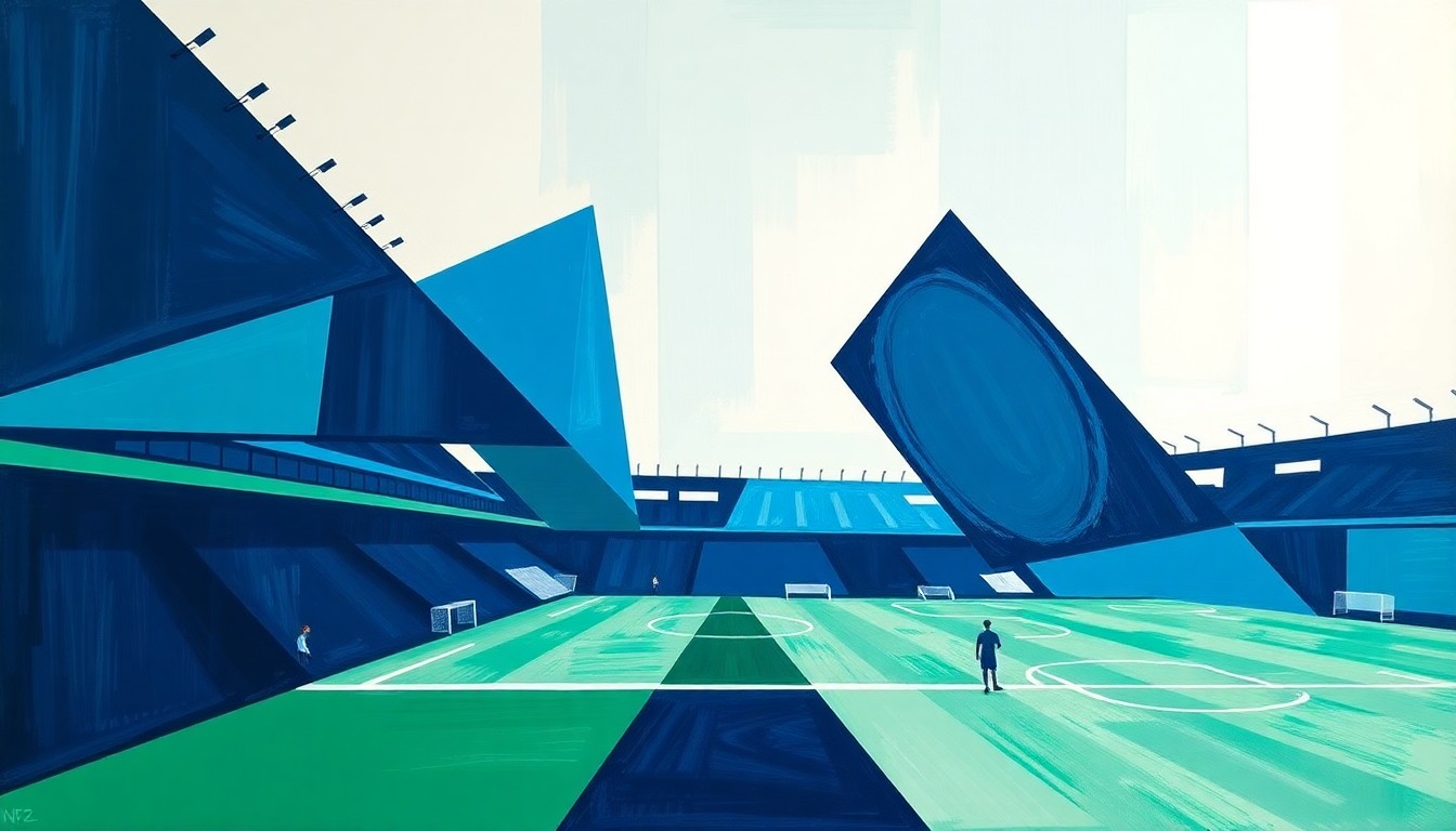 A fragmented, geometric painting depicting a soccer match, with players and the field broken down into sharp, overlapping planes of navy, sky blue, and green, conveying the intensity and disappointment of the draw.