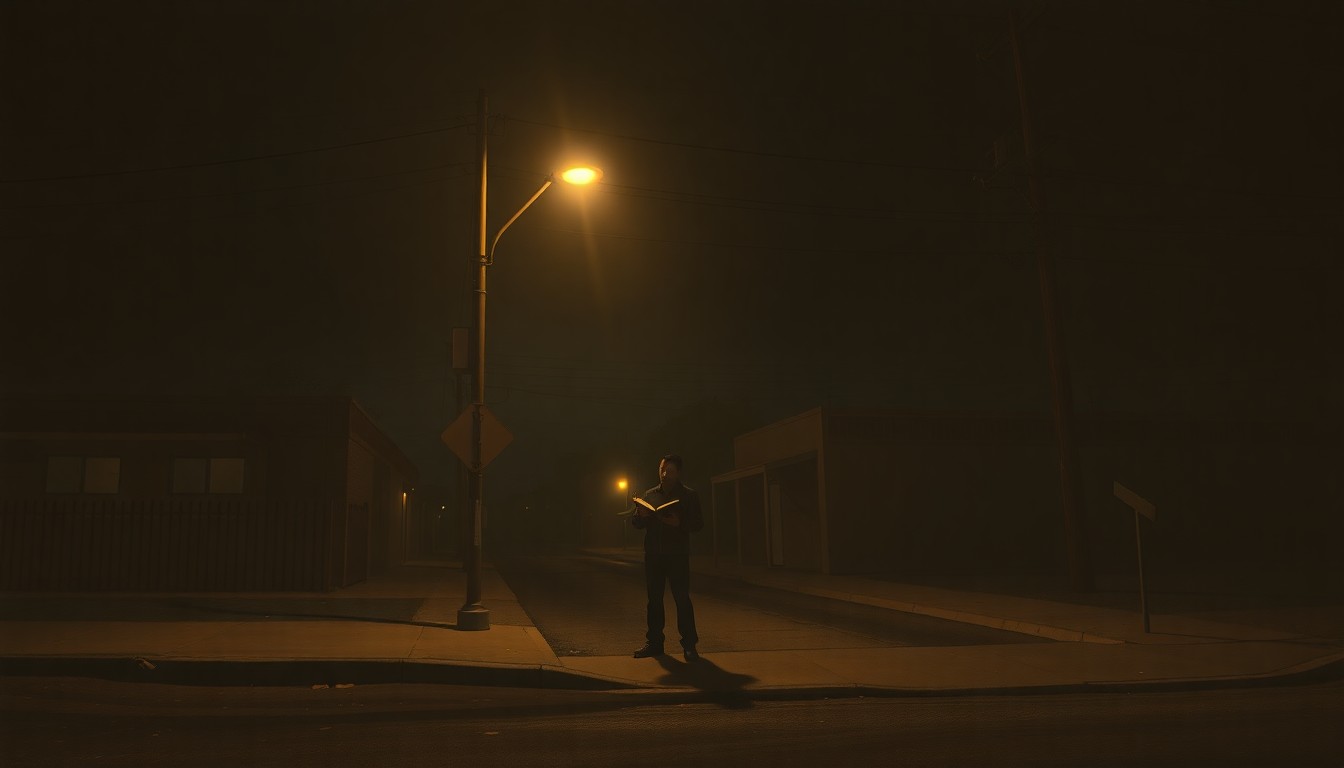 A dimly lit, cinematic street scene featuring a lone figure standing under a flickering streetlight, holding an open book, conveying a sense of quiet contemplation and the weight of history.