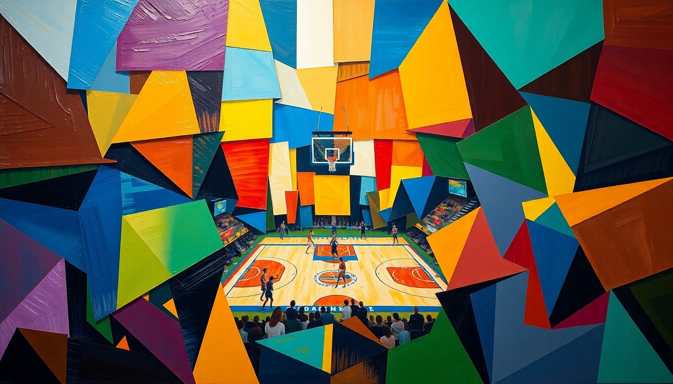 A fragmented, geometric painting in bold colors depicting the action and energy of a women's basketball championship game.