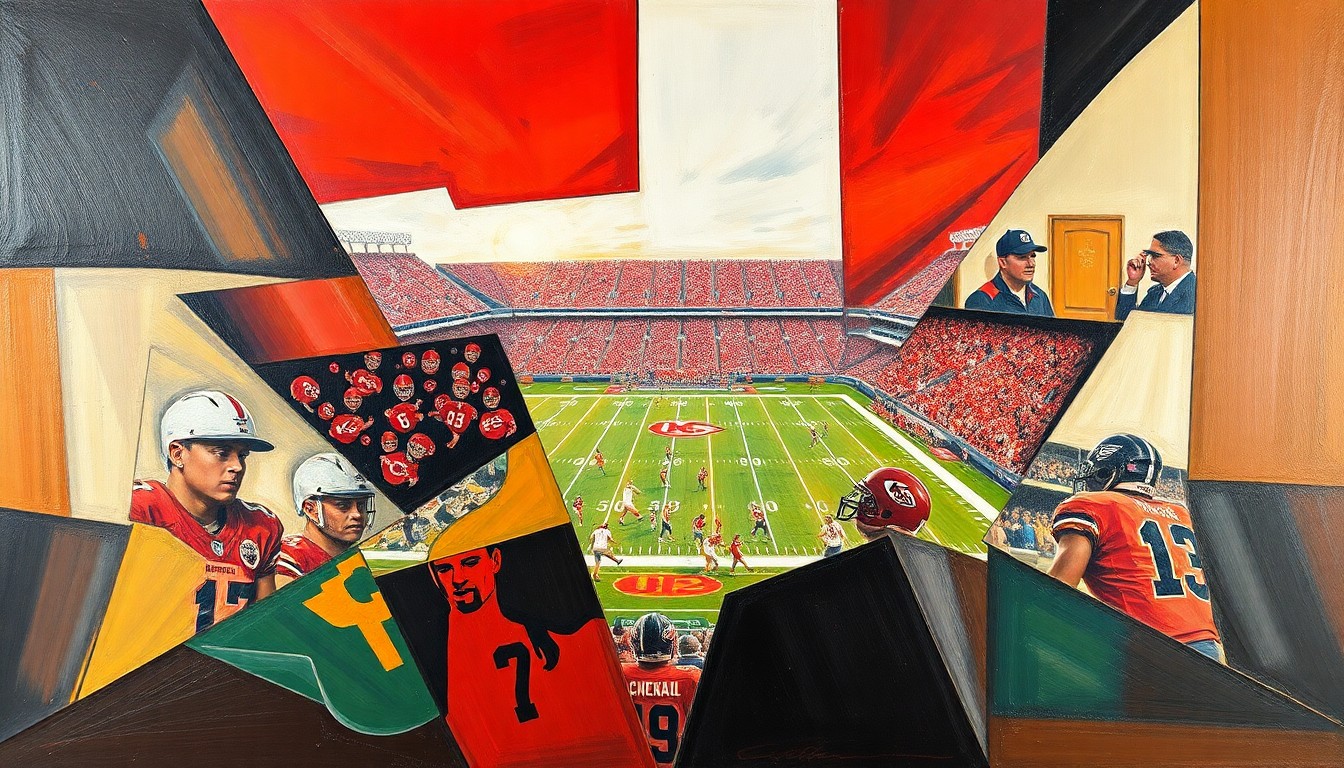 A cubist, geometric painting depicting a Kansas City Chiefs football game, with overlapping planes of color and shape representing the dynamic action on the field.