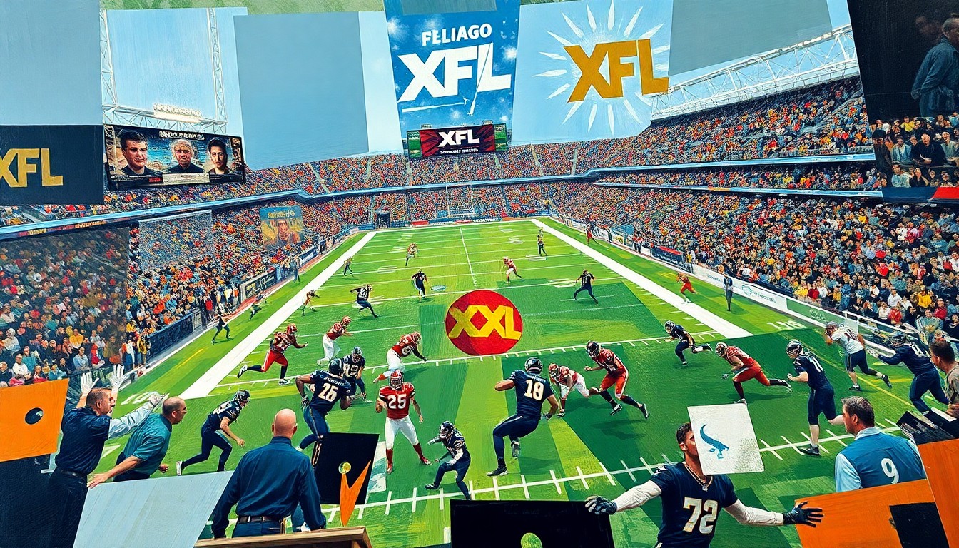 A cubist, geometric painting depicting an intense XFL football game, with players, the field, and the stadium rendered in sharp, overlapping planes of color and shape.