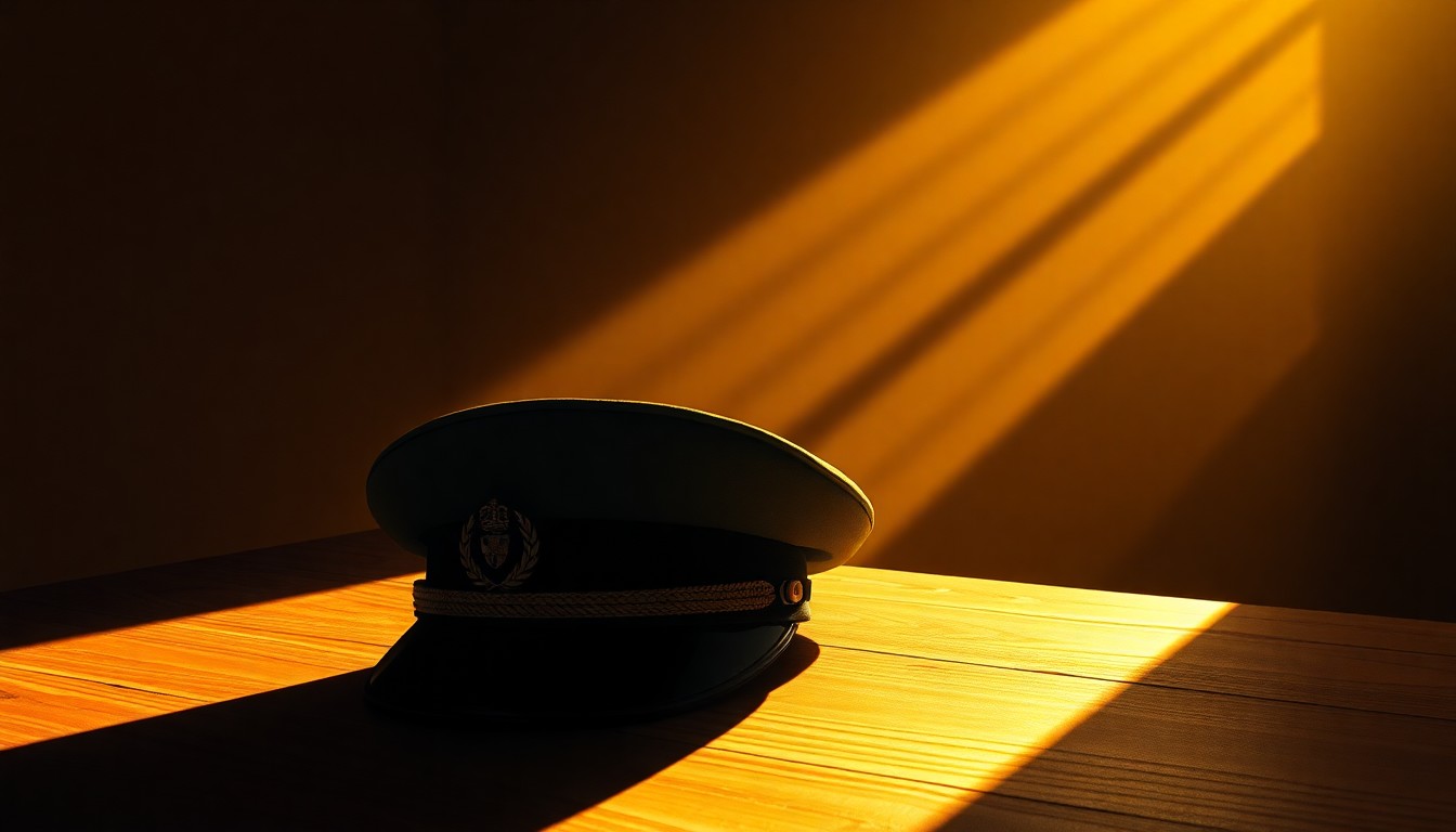 A close-up view of a military officer's cap resting alone on a wooden desk, the cap's brim casting a deep shadow across the surface while warm, angled sunlight bathes the scene, creating a contemplative, cinematic mood.