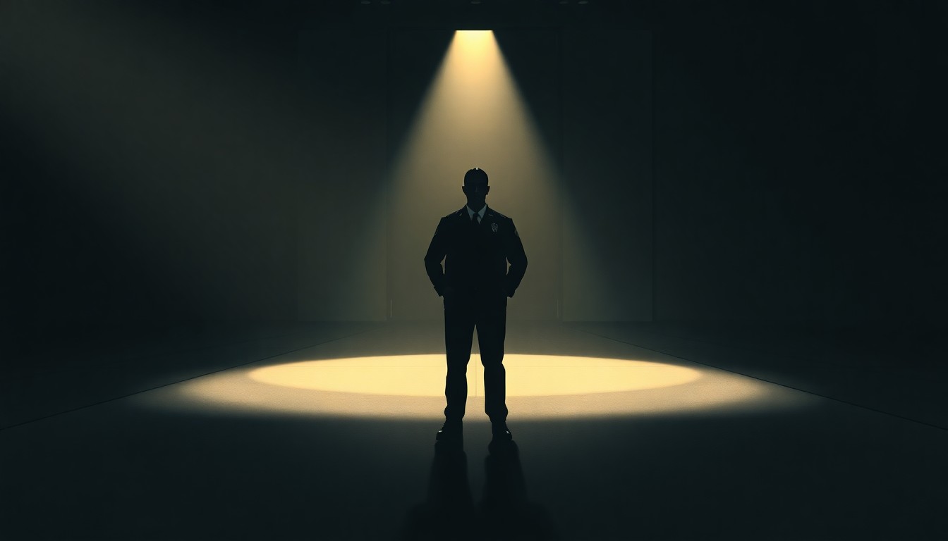 A cinematic painting depicting a lone security guard standing in the shadows of an empty Kennedy Center lobby, with a faint spotlight illuminating the guard's stern expression, conveying a sense of authority and control over the space.