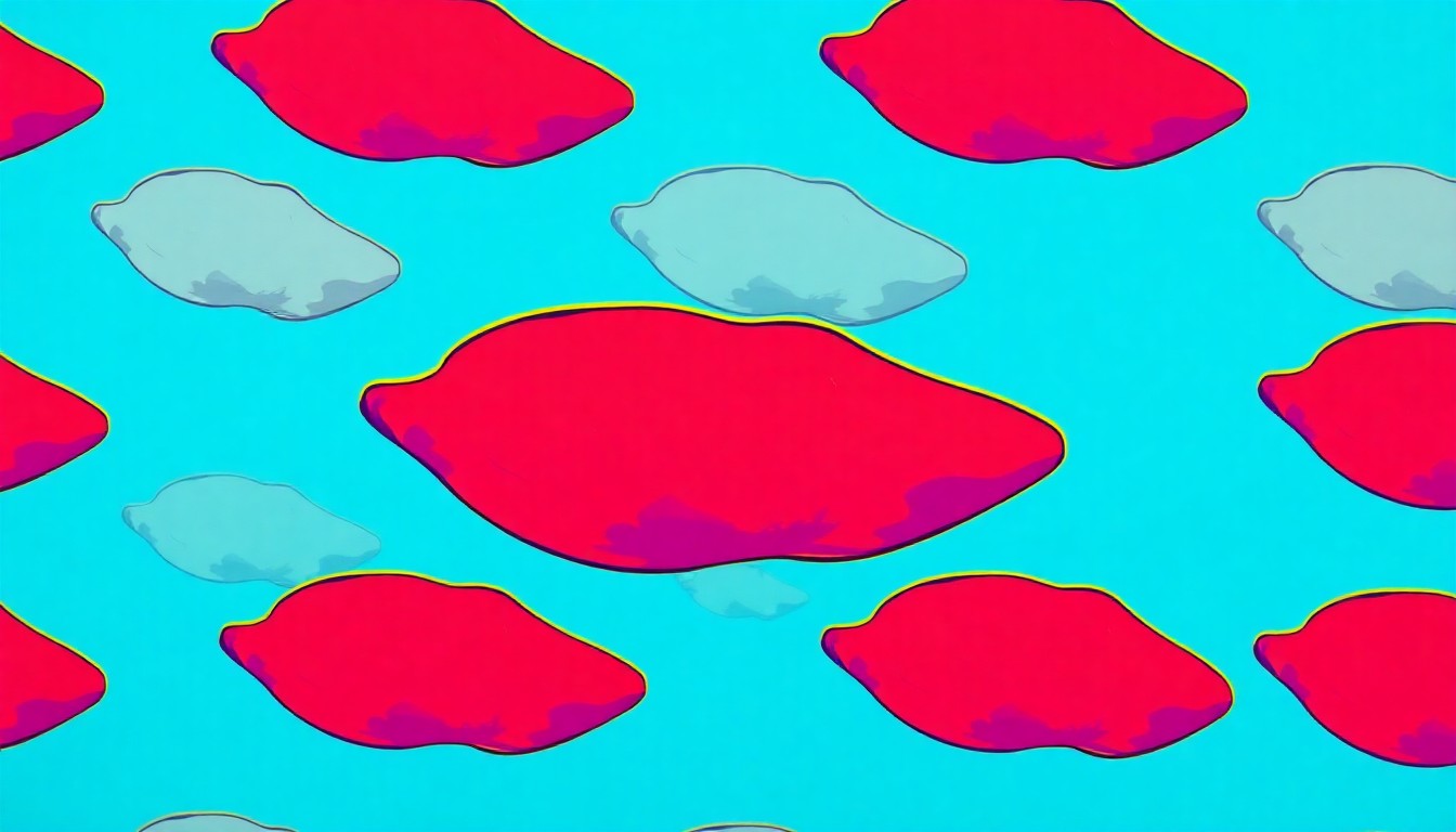 A brightly colored, high-contrast silkscreen print of a single, iconic sweet potato object repeated in a tight grid pattern, utilizing flat, vibrant, and unnatural neon color palettes overlapping with heavy black photographic outlines to turn the everyday sweet potato into modern pop art.