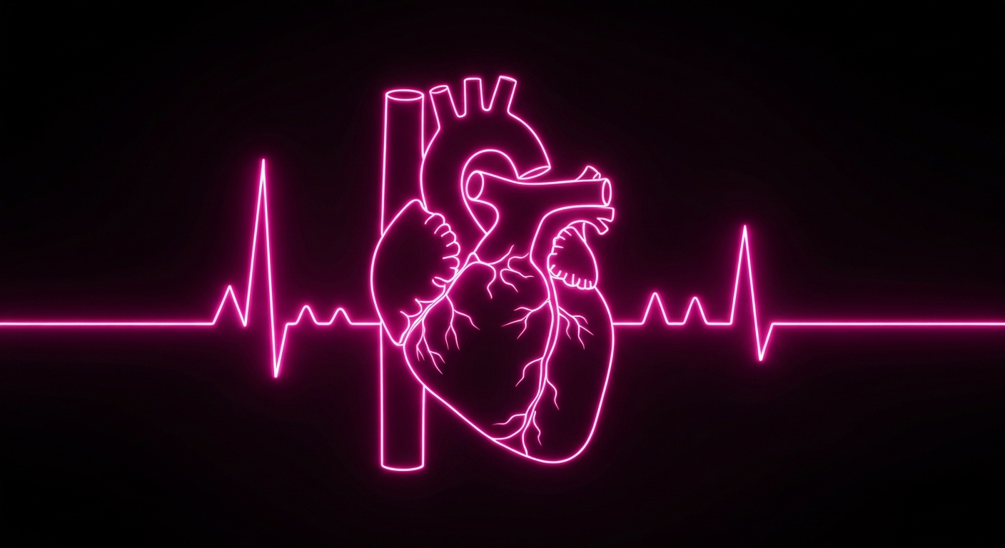 A vibrant neon outline of a human heart, glowing with energy against a dark background, conceptually representing the excitement and potential of a healthcare career exploration program for teenagers.