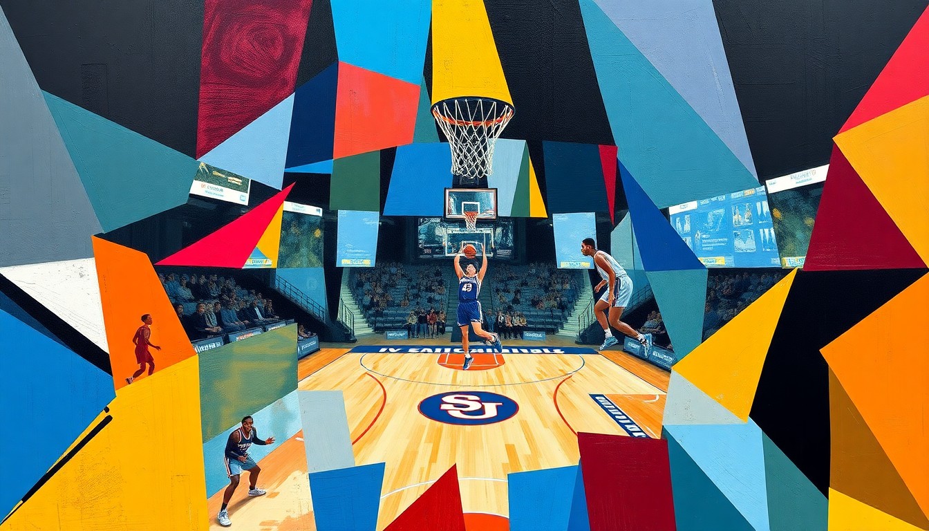 A fragmented, cubist-style painting depicting a WNBA basketball game, with the players and court broken down into sharp, overlapping geometric shapes in the team colors of the Chicago Sky and Atlanta Dream, conveying the dynamic energy and strategic shifts of a major player transaction.