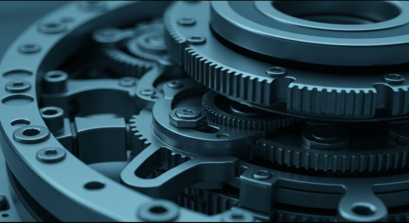 An extreme close-up of the complex, interlocking components of a high-tech medical device, conveying the sophisticated science and engineering driving Amylyx Pharmaceuticals' innovative approach to neurological treatments.