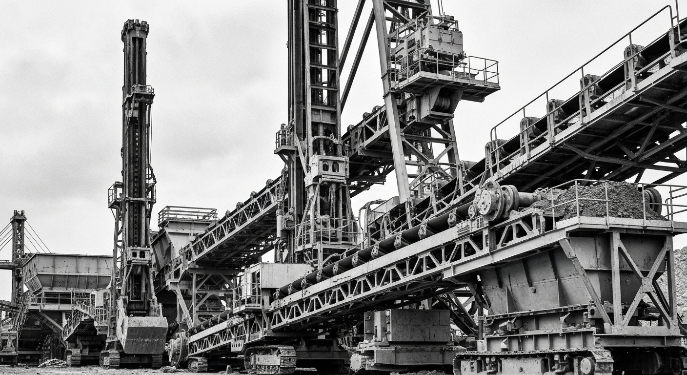 A high-contrast, close-up image of heavy mining equipment and machinery, such as drills, conveyor belts, or ore processing equipment, representing the physical and mechanical nature of mineral extraction and processing without any text, logos, or identifiable people.