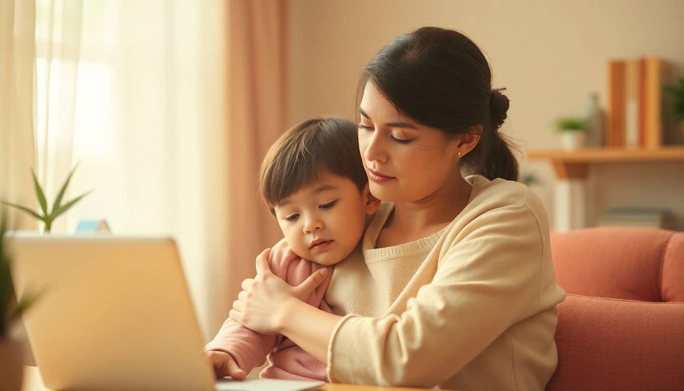 A blurred, dreamlike photograph in soft, warm colors showing the silhouette of a mother and child in an intimate, everyday moment, conveying the emotional experience of balancing work, school, and family life.