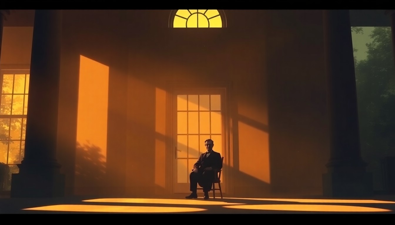 A pensive portrait of Abraham Lincoln sitting alone in a dimly lit room, the light casting dramatic shadows across his face as he contemplates the heavy toll of the Civil War.