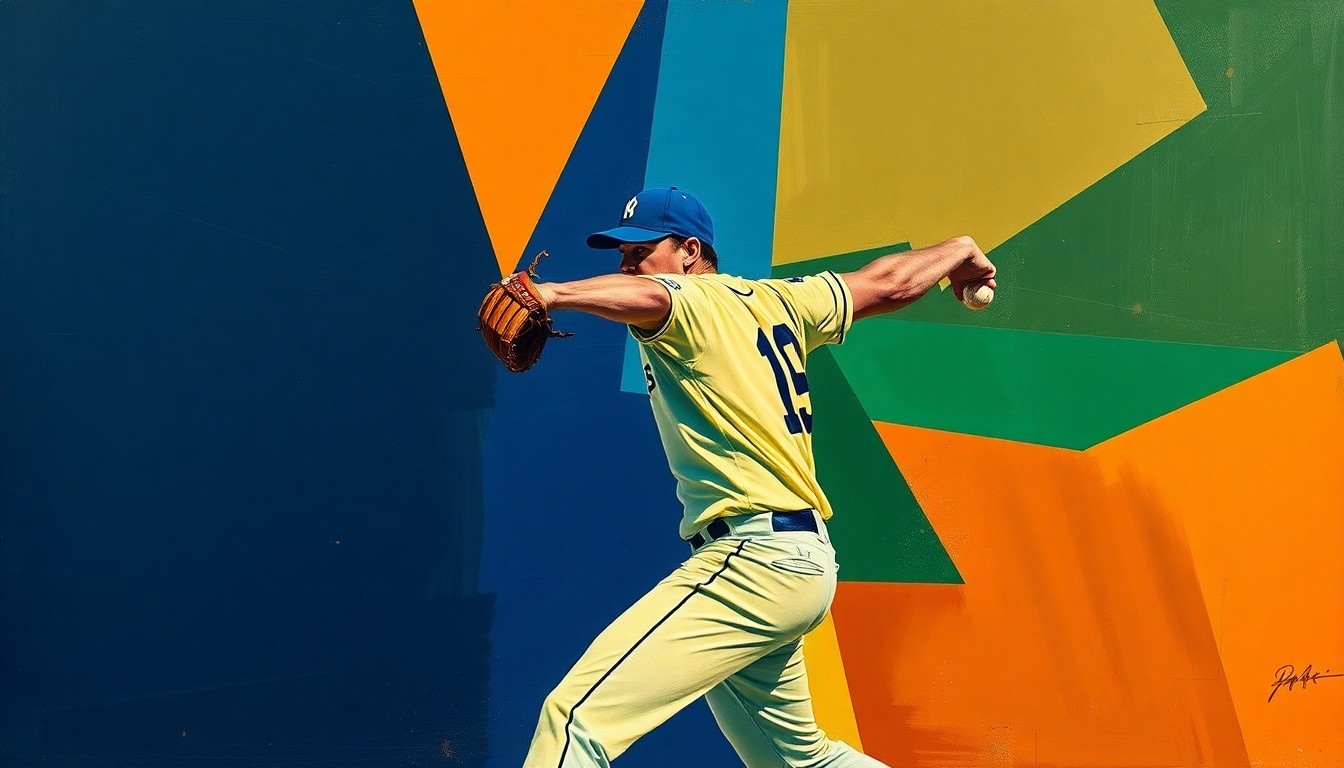 A cubist-style painting depicting a baseball pitcher's delivery broken down into overlapping geometric shapes in navy, green, and orange, conveying the disruption and challenges facing the Orioles' pitching staff.