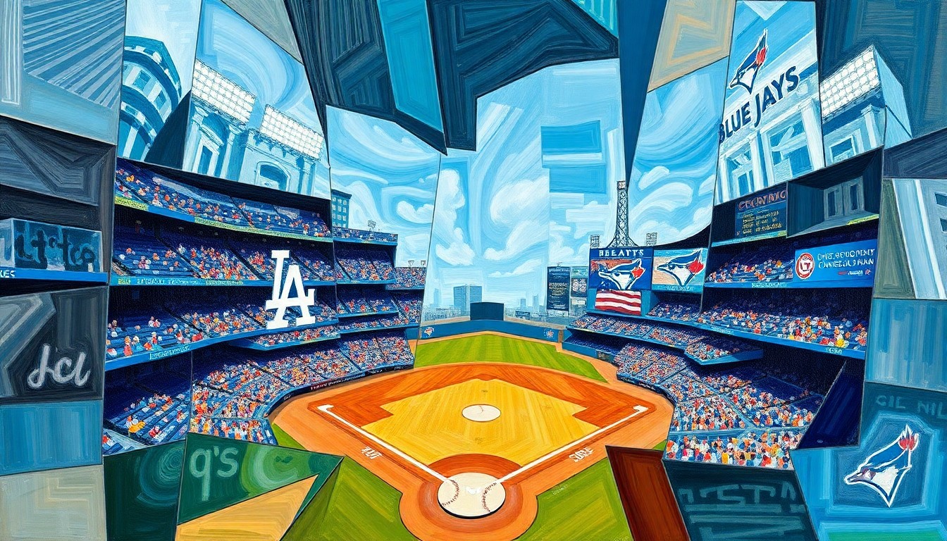 A cubist, geometric painting depicting a baseball game in motion, with players and the field fragmented into sharp, overlapping shapes and planes, capturing the dynamic energy and tension of the matchup.