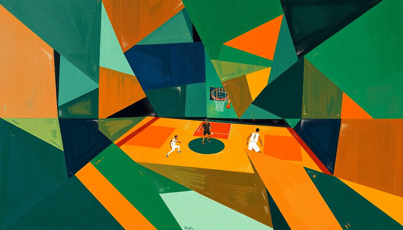 A cubist, geometric painting depicting fragmented basketball players and court elements in shades of green, blue, and orange, conveying the complex challenges facing college basketball coaches in the era of lucrative NIL deals.