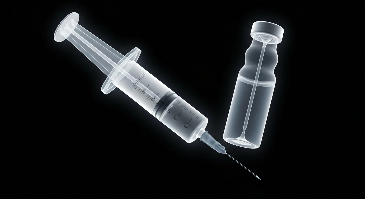 A translucent, ghostly X-ray image of a syringe and vial of vaccine, revealing the internal structures of the medical equipment in intricate detail against a dark background, conceptually representing the scientific and clinical nature of disease prevention efforts.