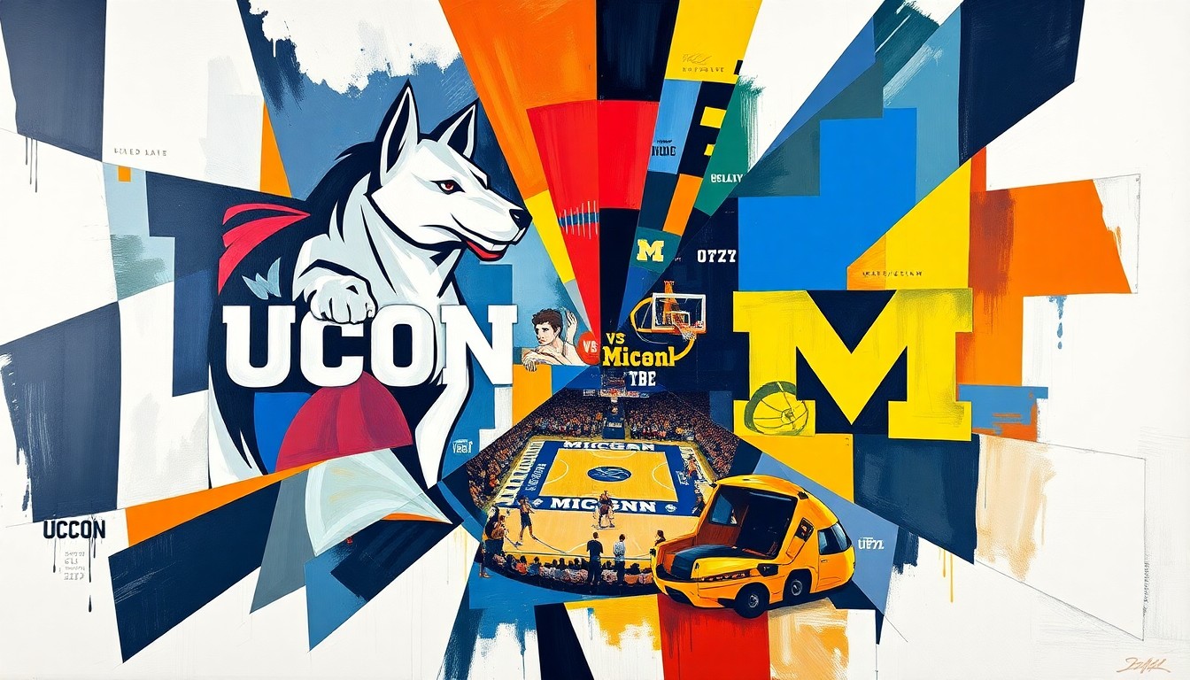 A fragmented, cubist-style painting depicting the action of a basketball game, with the players and court broken down into sharp, overlapping geometric shapes in the team colors of UConn and Michigan. The image conveys the intensity and strategic complexity of the championship matchup.