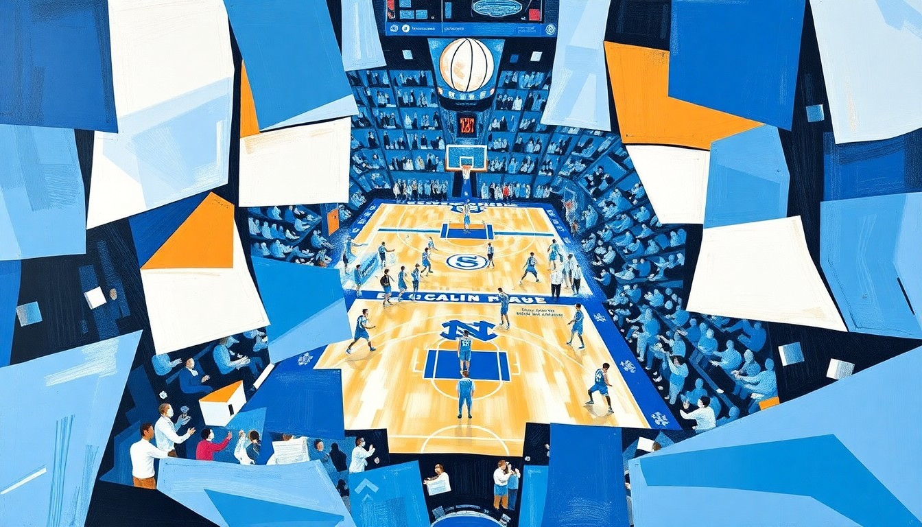 A cubist, geometric painting depicting a college basketball game in motion, with sharp, overlapping planes of royal blue, powder blue, and white representing the North Carolina Tar Heels.