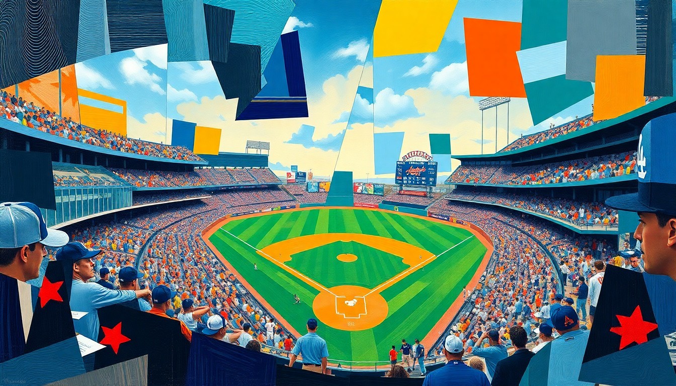 A fragmented, geometric painting depicting various baseball actions and players in a cubist style, using the team colors mentioned in the story to represent the different matchups.