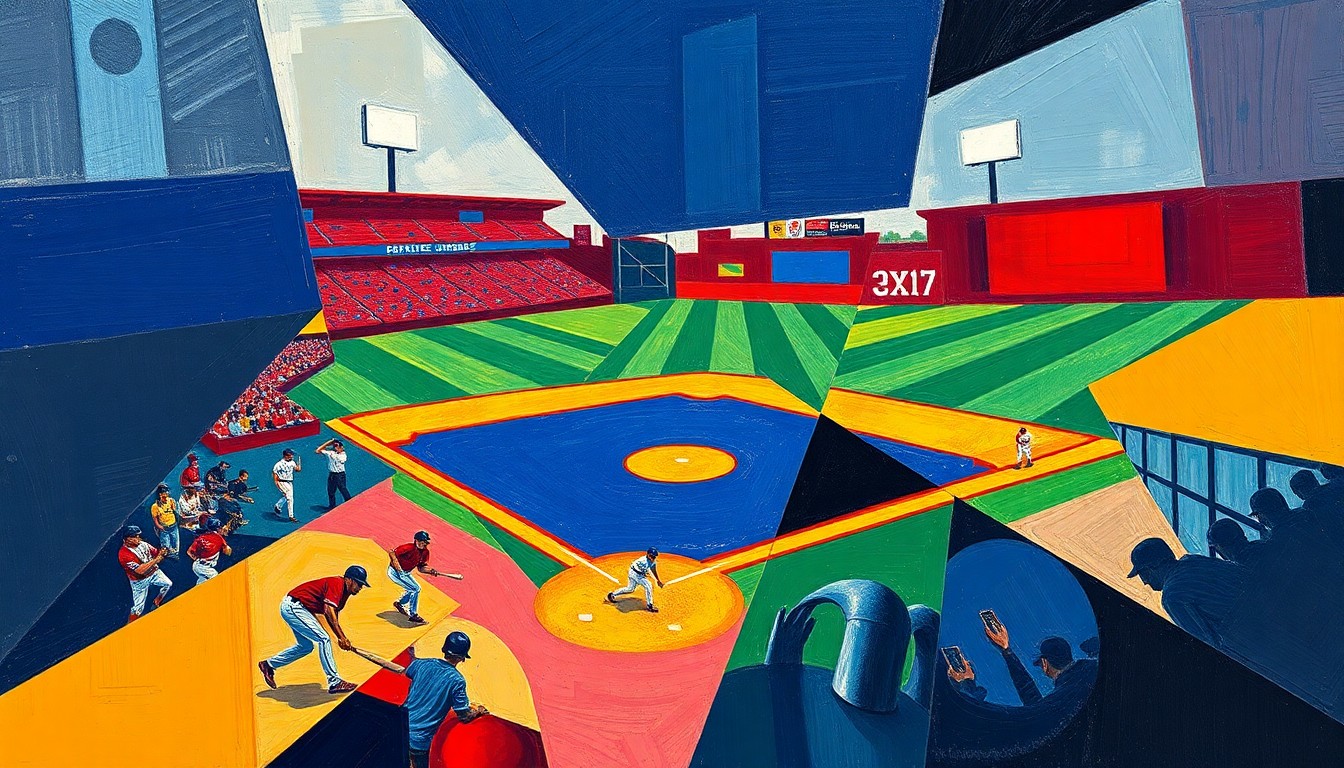 A fractured, multi-perspective painting depicting a college baseball game, with the players and field broken down into bold, angular shapes in a vibrant color palette of navy blue, garnet red, and gold, capturing the dynamic energy of the sport.