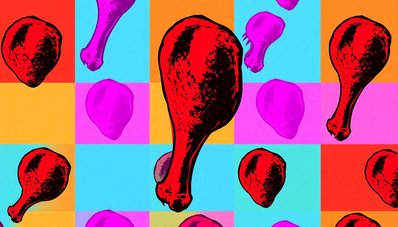 A brightly colored, high-contrast silkscreen print of a single chicken drumstick repeated in a tight grid pattern, utilizing flat, neon color palettes and heavy black outlines to transform the everyday poultry item into a modern pop art composition.