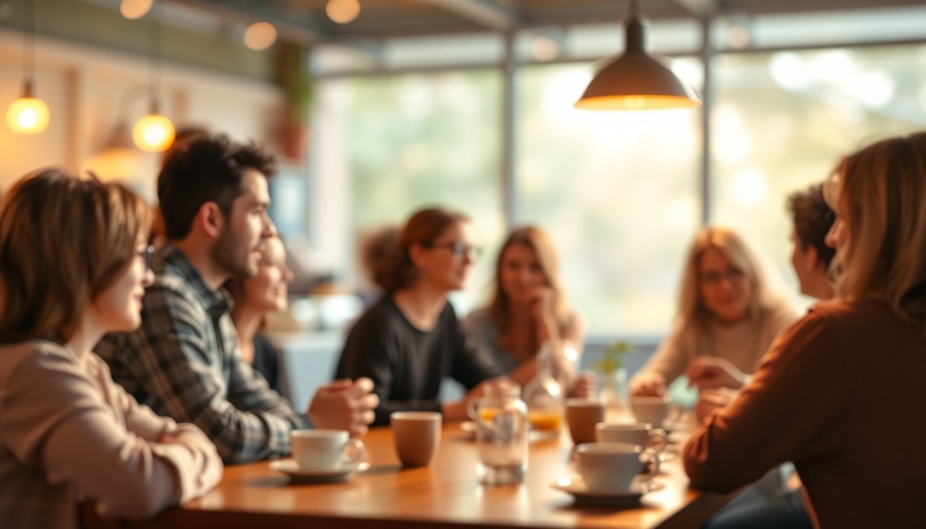 An abstract, impressionistic scene of people gathered around a table, their faces and details obscured in a warm, soft focus, conveying a sense of community and connection.