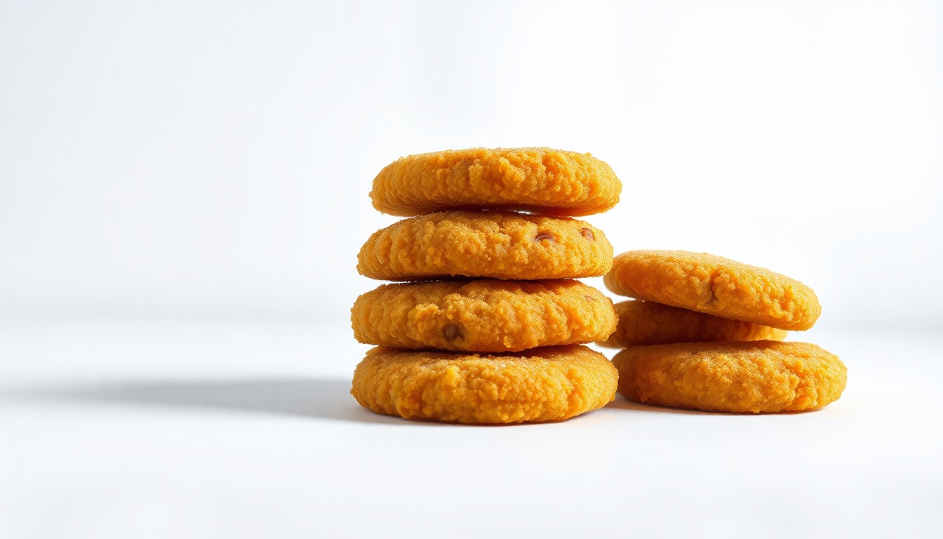 A high-end, photorealistic studio still-life photograph featuring a stack of premium, golden-brown breaded chicken tenders arranged elegantly on a clean, white seamless background, using sharp, dramatic lighting to highlight the quality and craftsmanship of Huey Magoo's signature menu item.