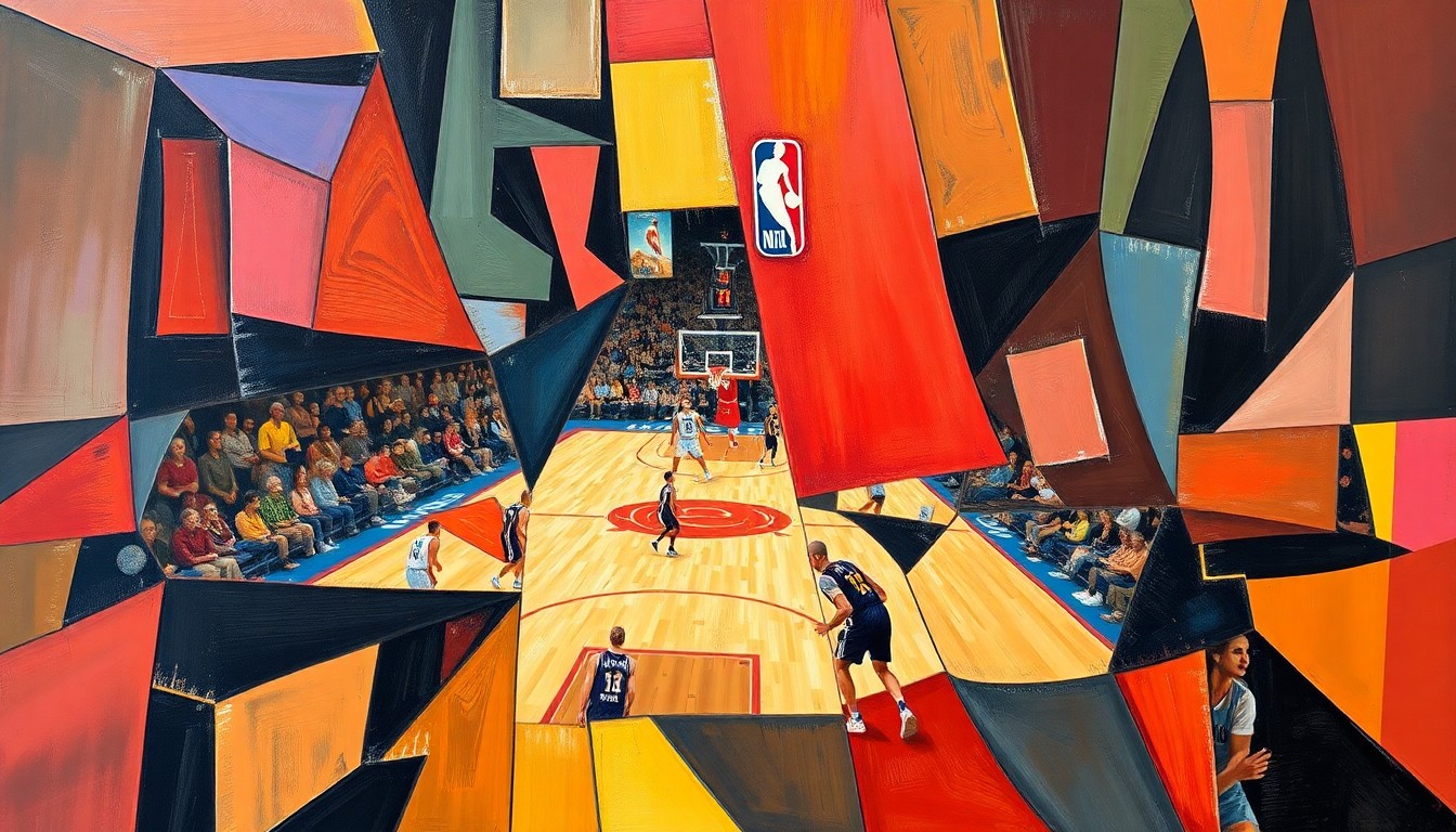 A cubist, geometric painting depicting a WNBA basketball game or match, with the players and court broken down into sharp, overlapping planes of color and shape, capturing the dynamic energy and multiple perspectives of the sport.