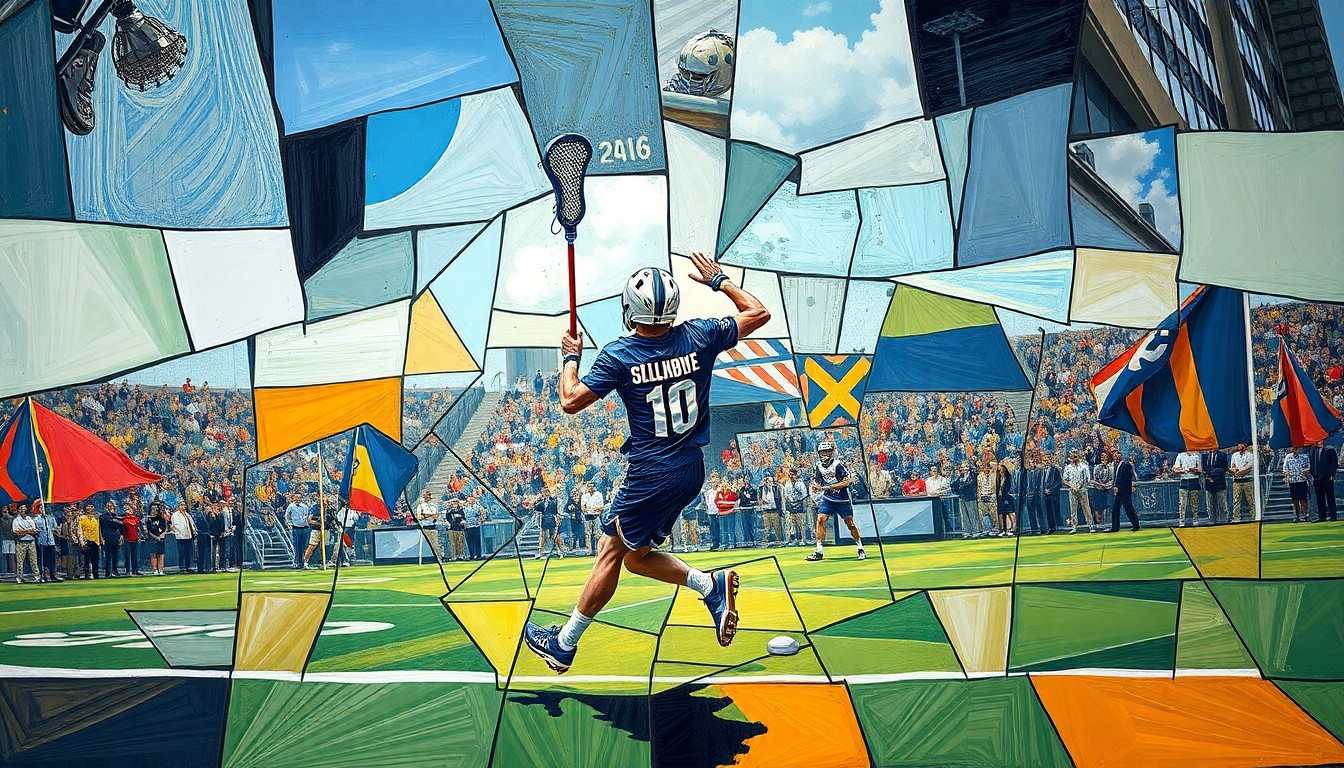 A fragmented, cubist-style painting depicting a Colorado lacrosse player scoring the game-winning goal in overtime, with the action broken down into intersecting geometric shapes and planes of color.