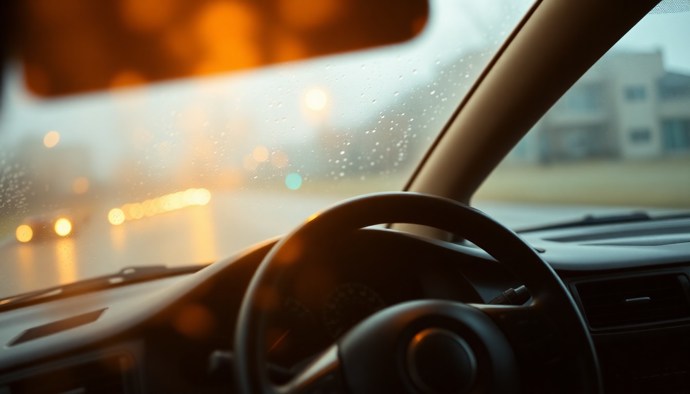 A blurred, atmospheric photograph of a car's dashboard and steering wheel, with the speedometer and other controls barely visible through a hazy, rain-streaked windshield, conveying the challenges faced by drivers with suspended licenses.