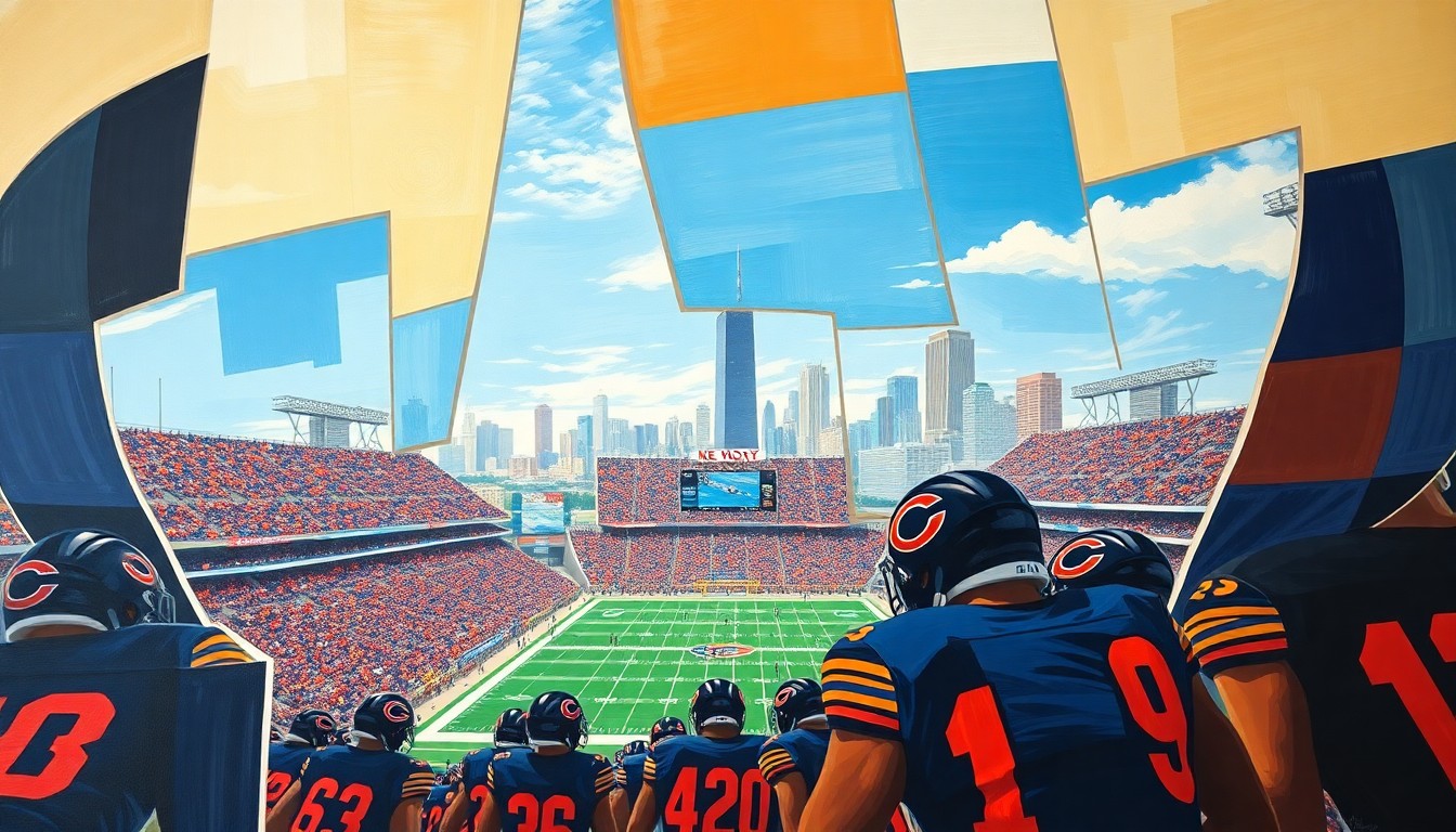 A cubist, geometric painting depicting a fragmented football stadium and the Chicago skyline in the Bears' navy blue and orange colors, conveying the complex decision facing the team and its fans.