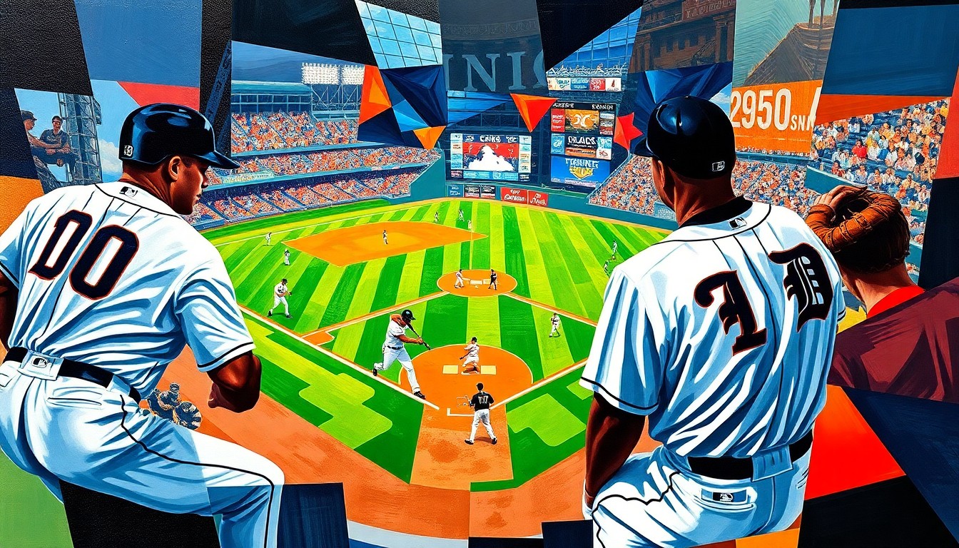 A fractured, cubist-style painting depicting the action of a baseball game, with the catcher's gear and umpire's uniform visible among the overlapping geometric shapes and vibrant colors of the players' uniforms. The image conveys the dynamic and strategic nature of the new ABS challenges in MLB.