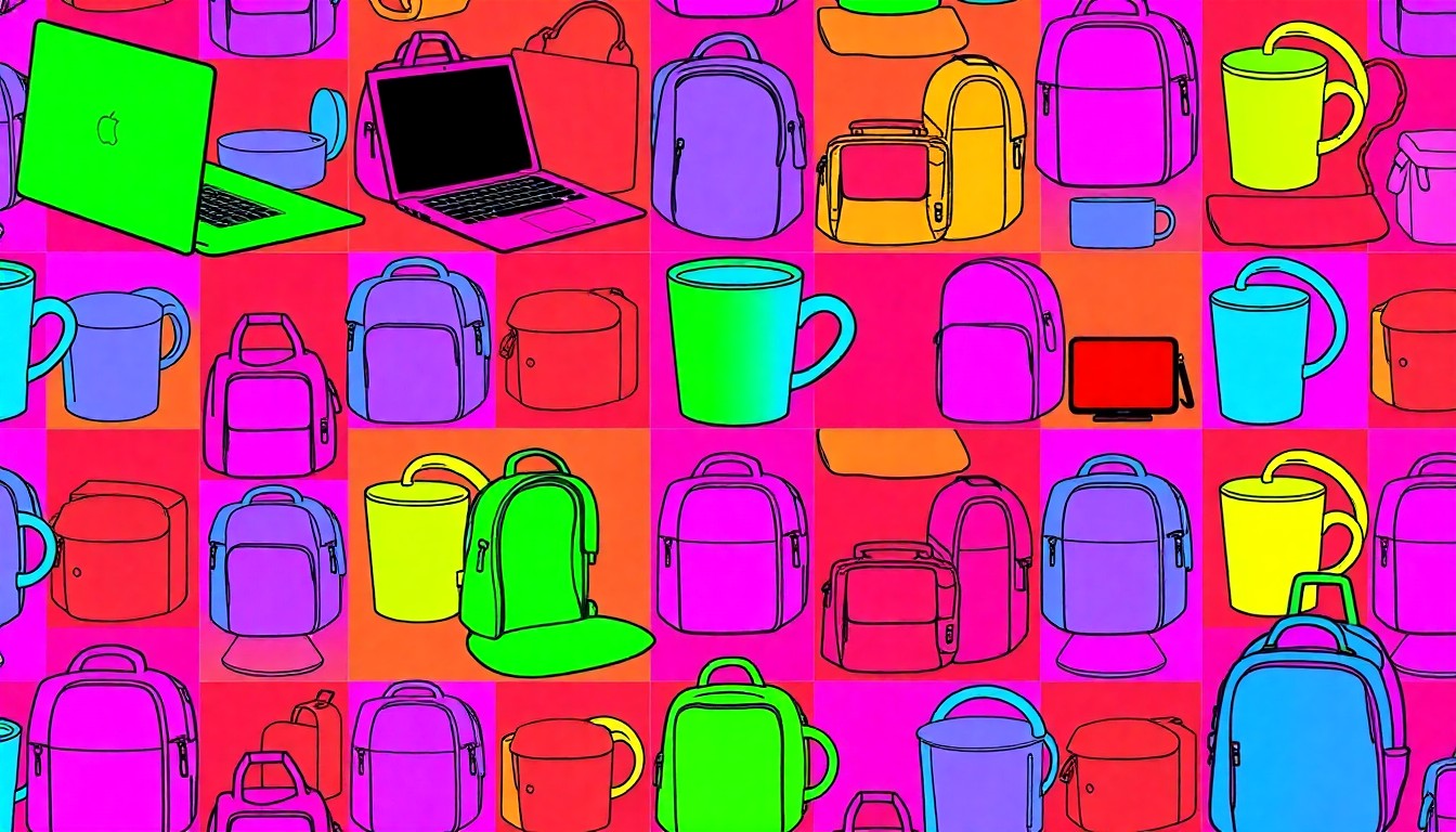 A brightly colored, high-contrast silkscreen print of a laptop computer repeated in a tight grid pattern, conceptually representing the technology-driven lifestyle of modern university students.