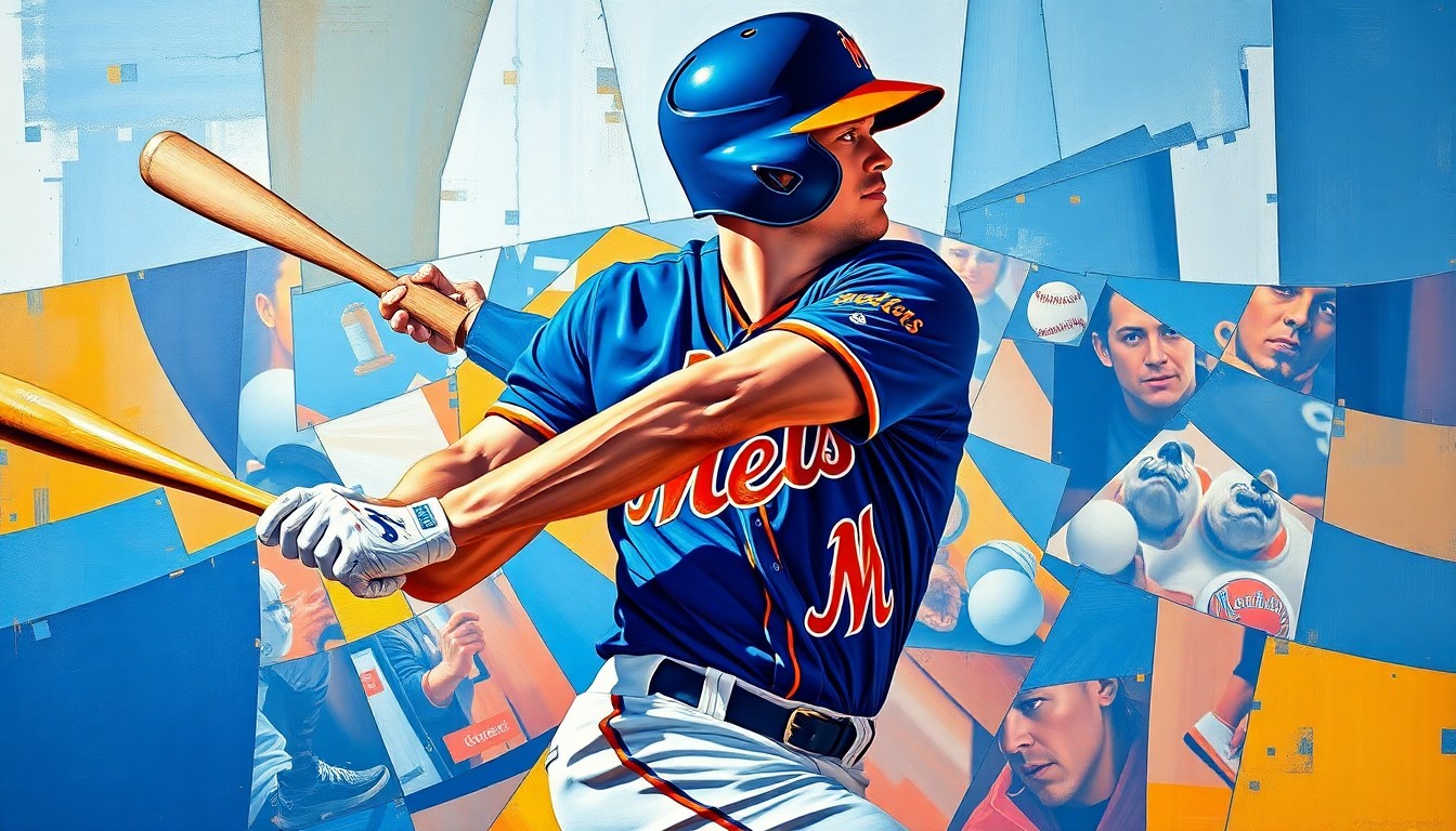 A cubist-style painting depicting a baseball player swinging a bat, broken down into overlapping geometric shapes and planes in the Mets' blue and orange colors, conveying the disruption caused by Soto's injury to the team's lineup.
