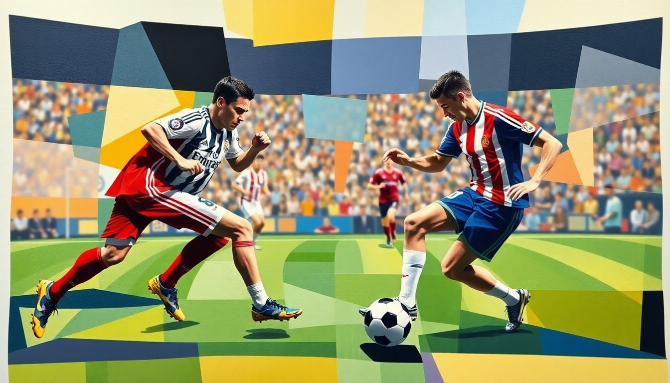 A fractured, multi-perspective painting in vibrant colors, breaking down a soccer match into sharp, overlapping geometric planes, with the players' figures deconstructed into abstract shapes.