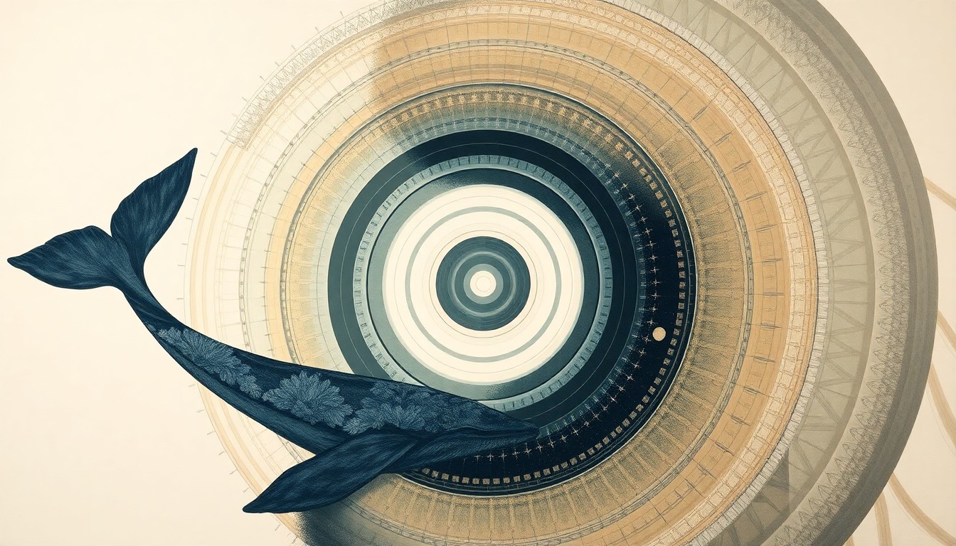A bold, abstract painting in earthy tones featuring sweeping geometric arcs, concentric circles, and precise botanical spirals, conceptually representing the complex ecosystem changes and migratory patterns of gray whales in the northern Pacific.