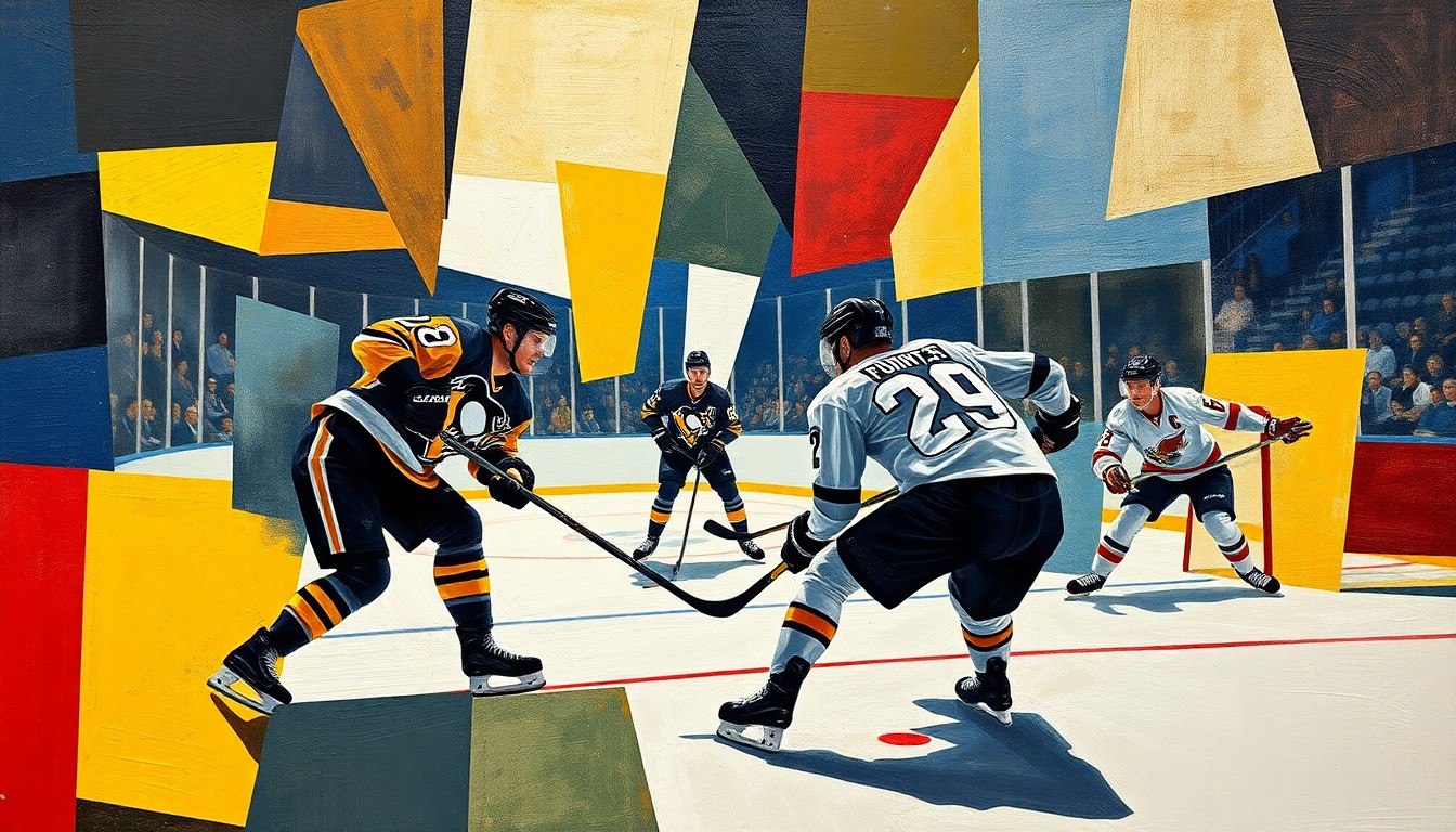 A cubist, geometric painting depicting the action and energy of a hockey game between the Pittsburgh Penguins and Florida Panthers, with the players' movements and the intensity of the match represented through the fractured, overlapping planes of the composition.