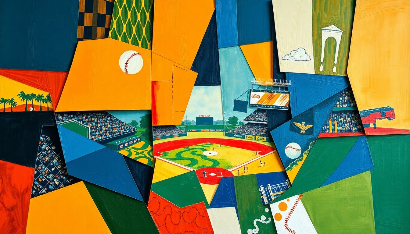 A cubist, geometric painting depicting a baseball game or match, with sharp, overlapping shapes and planes in vibrant colors like navy, orange, and green, conveying the fragmented and disjointed nature of the Orioles' struggling offense.