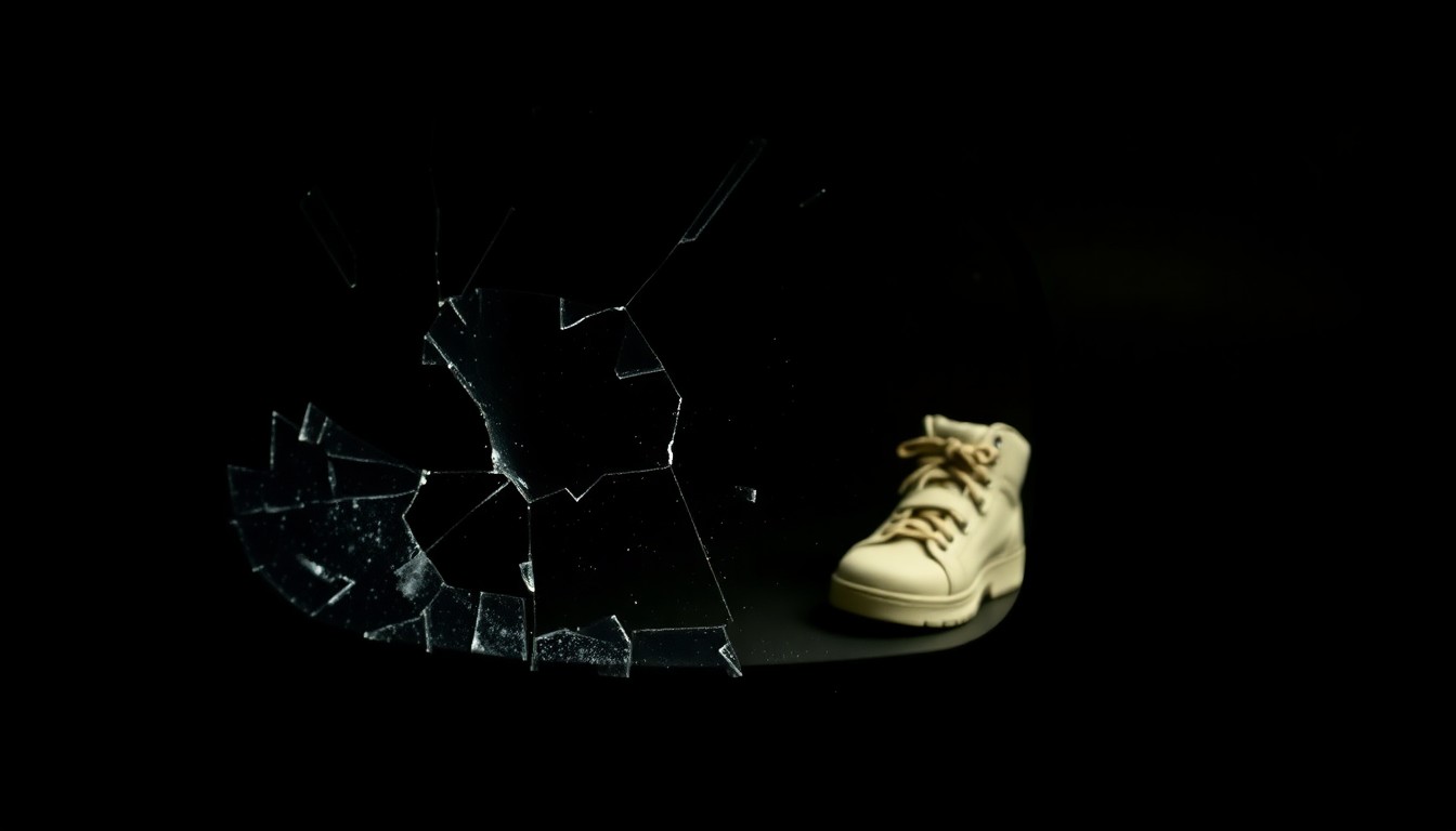 An extreme close-up of a shattered car side mirror reflecting the faint outline of a child's shoe, creating a stark, gritty visual metaphor for the tragic consequences of a fatal hit-and-run incident.