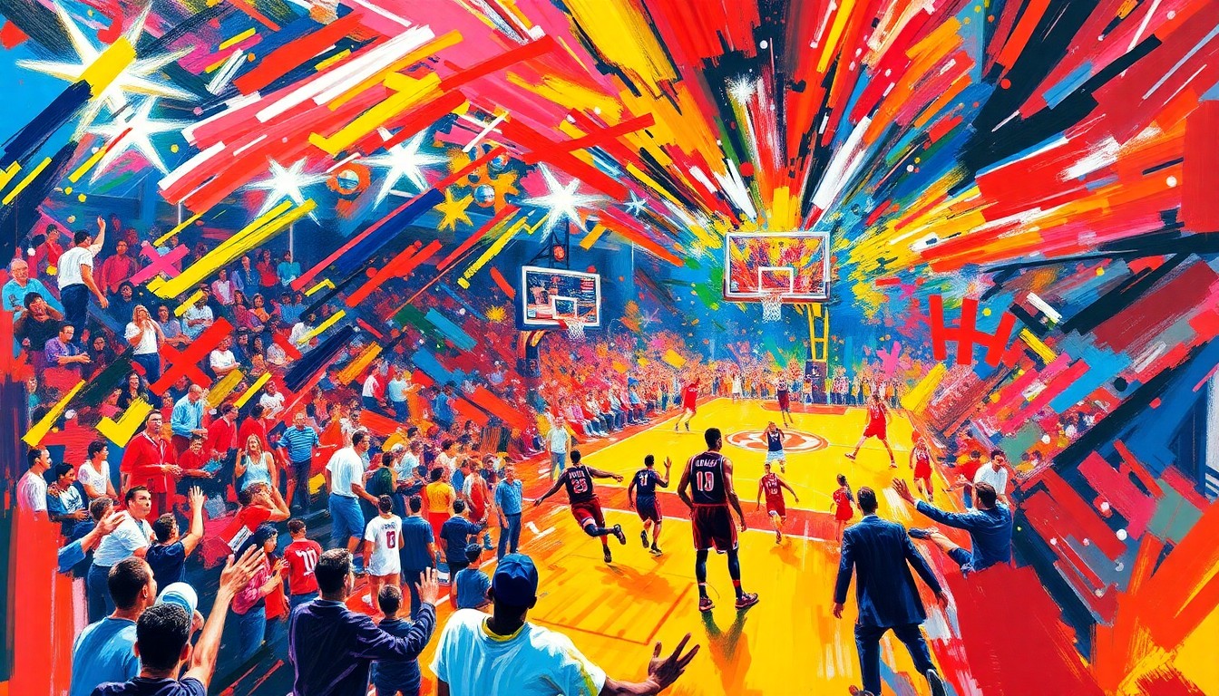 A dynamic, abstract painting in vivid neon colors that evokes the intensity and passion of a championship-level college basketball game.