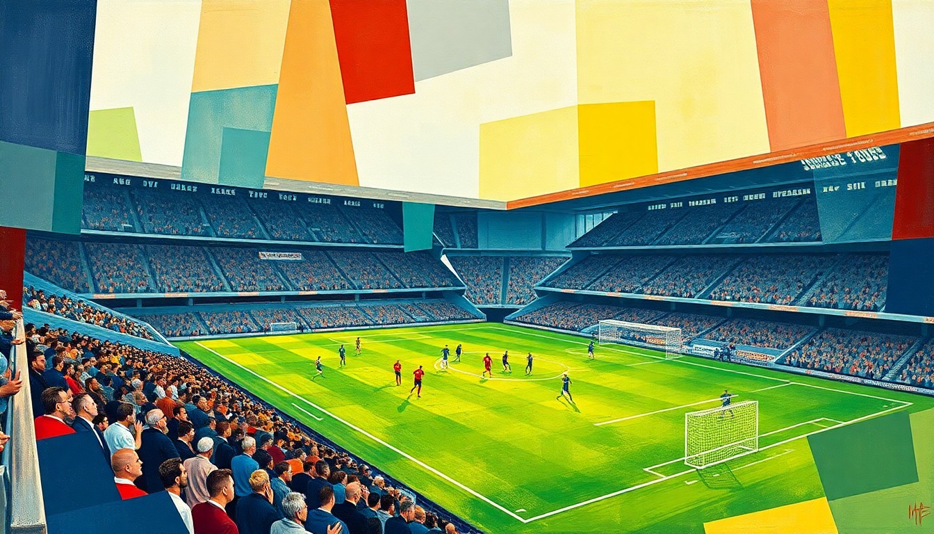 A fragmented, geometric painting depicting a soccer match, with overlapping planes of color and shape representing the action on the field.
