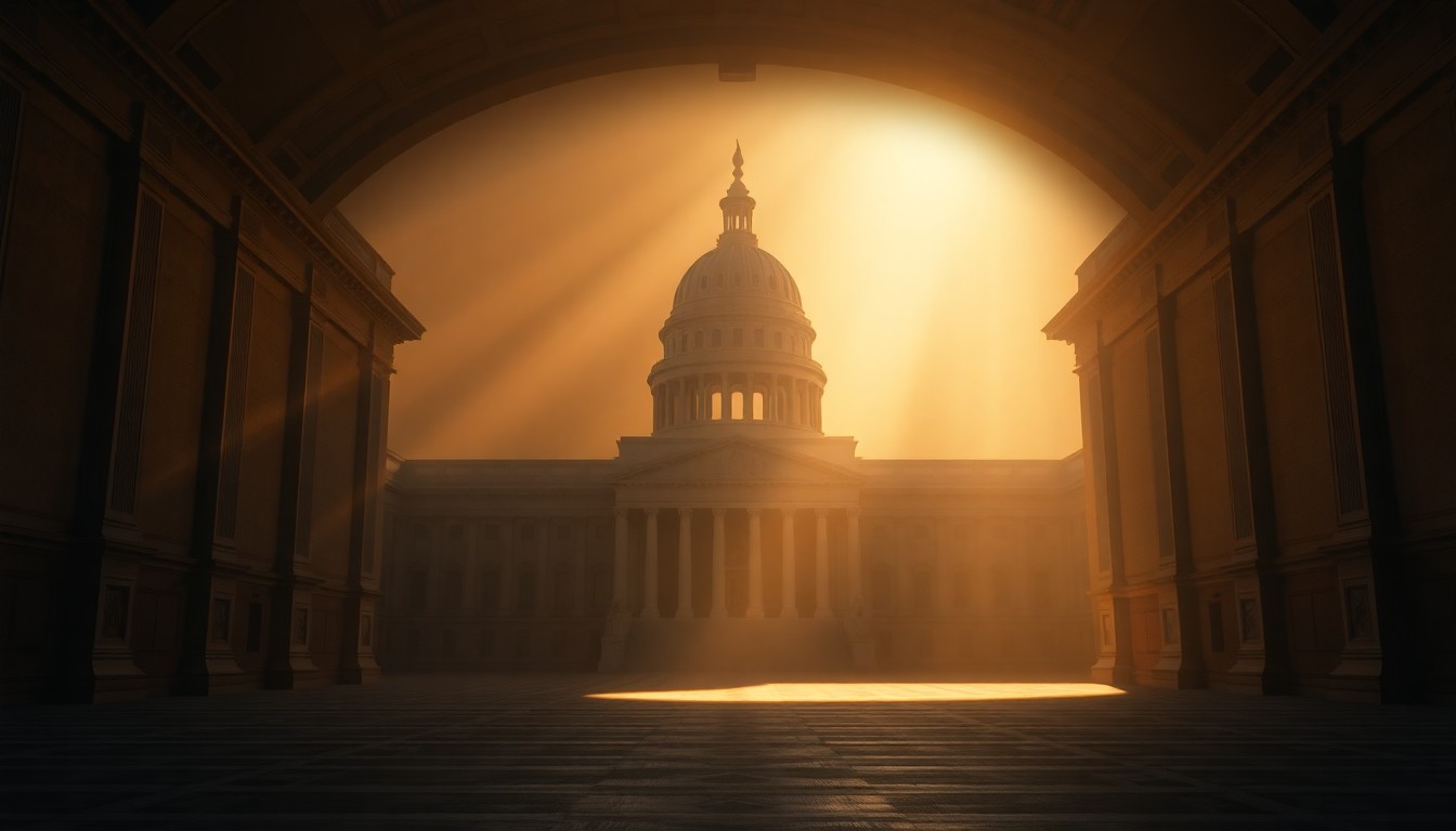 A photorealistic painting of a grand, neoclassical California state capitol building bathed in warm, golden light, with long shadows stretching across the facade, conveying a sense of political drama and anticipation.