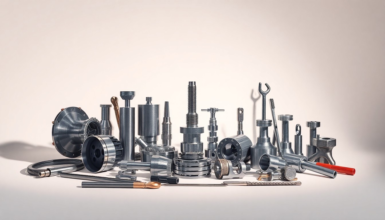 A photorealistic studio still life featuring a collection of shiny, metallic machine parts and tools arranged elegantly on a clean, monochromatic background, conceptually representing the abstract ideas of industrial manufacturing, workplace safety, and equipment failure.