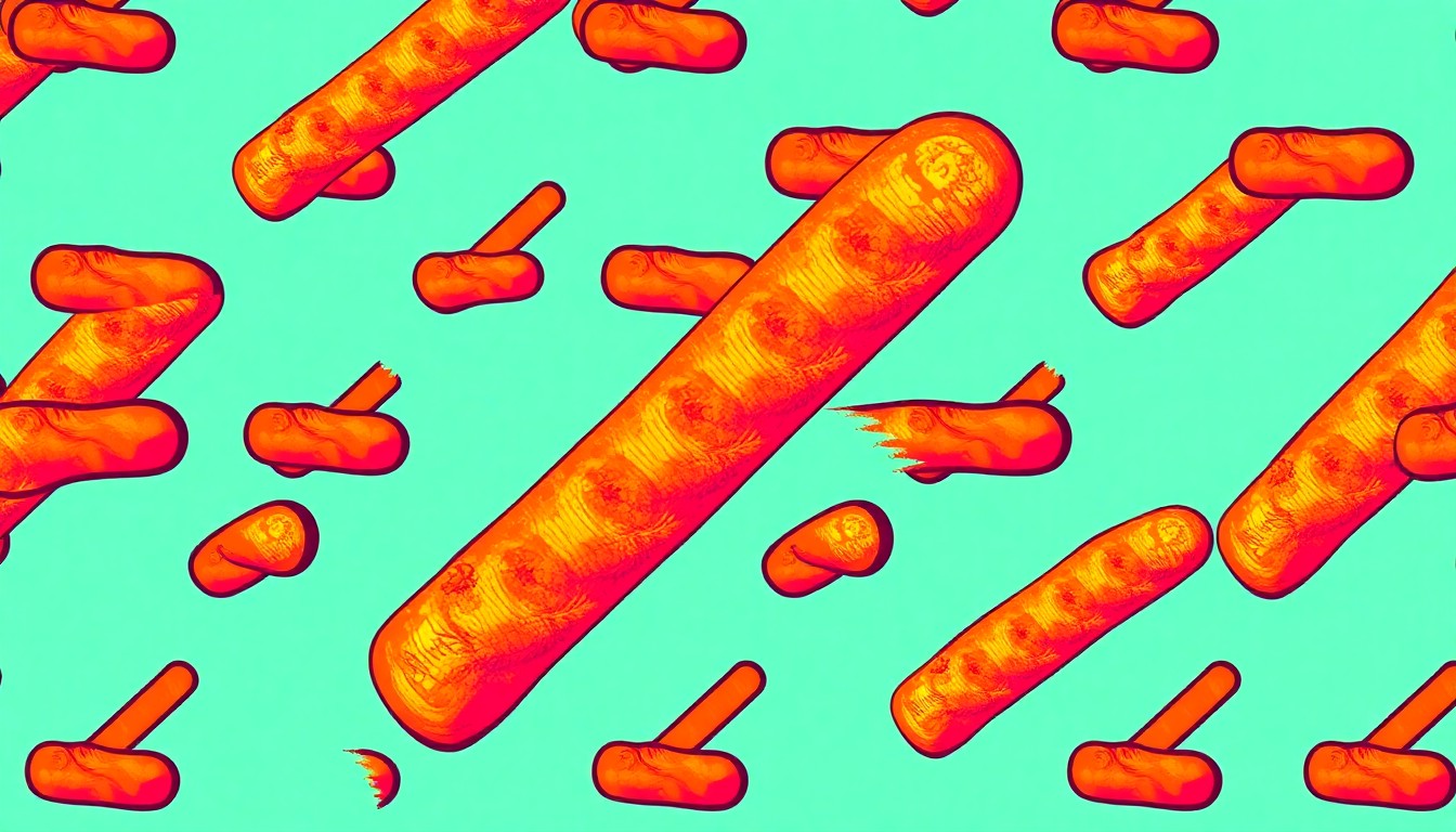 A brightly colored, high-contrast silkscreen-style illustration of multiple Olive Garden breadsticks repeated in a grid pattern, capturing the iconic status of this everyday menu item.